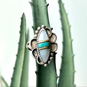 Inlaid Vintage Native American Silver, Turquoise, Brass, Moonstone Ring, Sz 5